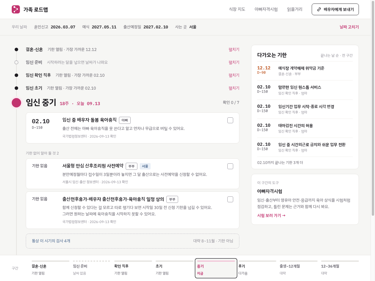 가족 로드맵 화면 — 길 위의 구간과 오늘 표시, 다가오는 기한, 아래 구간 막대