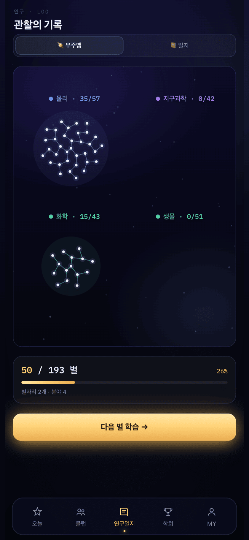 관찰의 기록 화면 — 물리·화학·생물·지구과학 별자리로 쌓인 학습