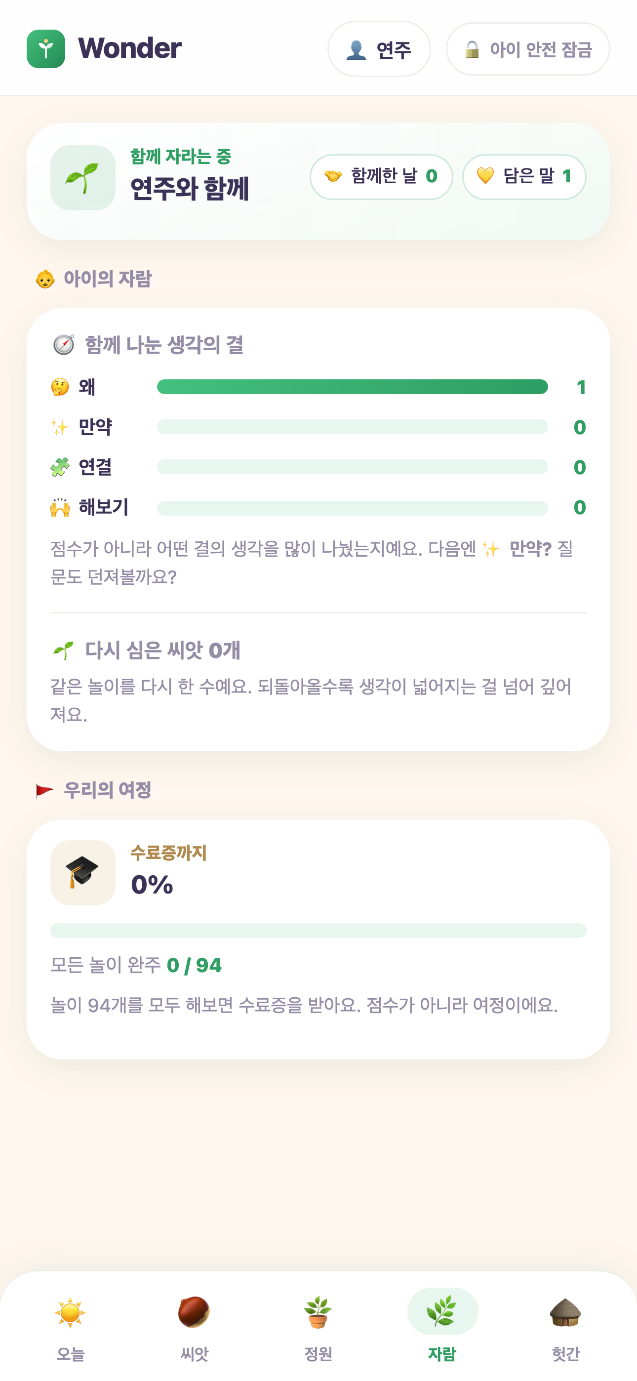 자람 화면 — 왜·만약·연결·해보기 네 가지 생각의 결과 수료증까지의 여정
